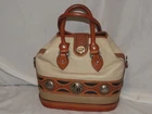 VTG Sam Roberts White and Brown Hand Tooled Leather Purse Satchel w/ Key Fob