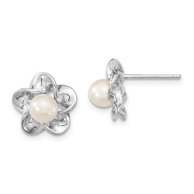 Sterling Silver Rhodium-plated Floral FWC Pearl Stud Earrings