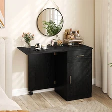 Folding Computer Desk w/Drawer Cabinet & Adjustable Shelf Wheel for Living Room