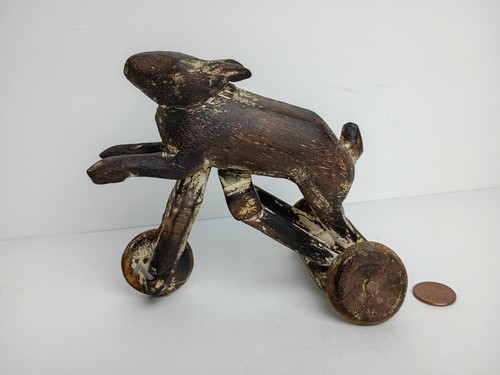 Vintage Folk Art Handcarved Wood Rabbit on a Tri Cycle Pull Toy Figurine - Picture 4 of 9