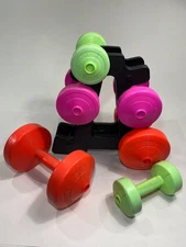 1980s Plastic Dumbbell Set Pastel Neon Colors with Rack, MCM Aerobics Weights