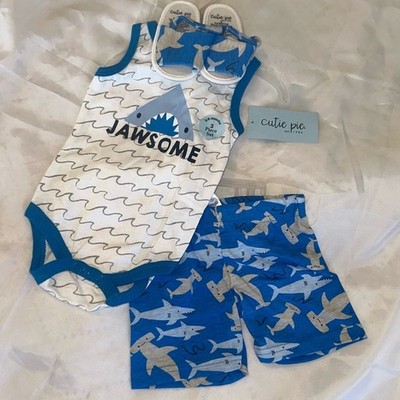 Baby Boy Cutie Pie 3 Piece Shorts Sandals Set Jaws Shark Jawsome NWT NEW