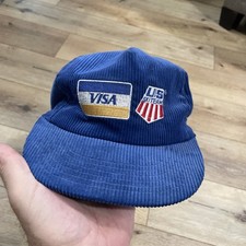 Vintage 1980s Visa / U.S. Ski Team Corduroy Hat Royal Blue Snapback Made in USA