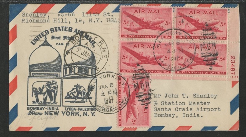 US, 1947, F.A.M. 27, NEW YORK TO BOMBAY, STAMPED BOMBAY ON FRONT  (US6854)