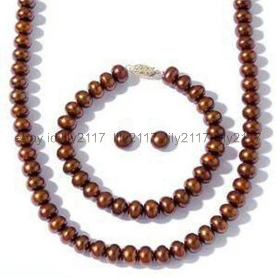 Pretty 7-8MM Cultured Freshwater Brown Pearl Necklace Bracelet Stud Earrings Set - Image 2 of 3