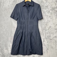Tahari Dress Womens 6 Blue Twill Button Front Pintuck Waist Short Sleeve Stretch