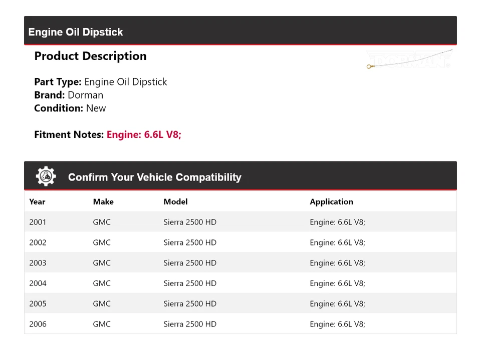 Vareta de óleo de motor Dorman 2002 2003 para 2001-2006 GMC Sierra 2500 HD 6.6L V8 - Imagem 2 de 4