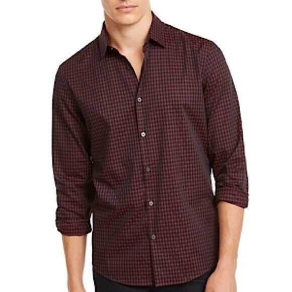 New Alfani Men's Regular-Fit Tipped Polo Luke Plaid Shirts Casual Button-Down L
