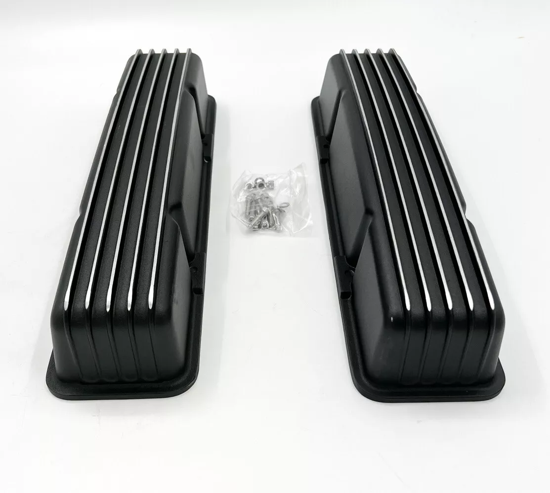 Black Aluminum Finned Tall Valve Covers SBC Small Block Chevy 350