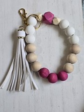 Handmade Wooden Beaded Keychain Wristlet With Tassel Wood Pink White