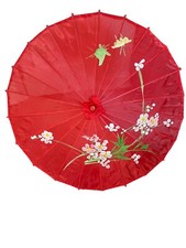 Vintage Chinese Parasol Hand Painted Silk Nylon Bamboo Handle Umbrella