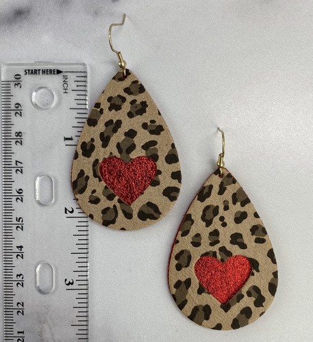NEU Vegan Kunstleder Ohrringe Schwarz Gold Leopard Rot Herz Valentinstag Grau Liebe - Bild 3 von 5