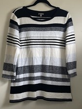 T by Talbots Sweater Womens L Striped Long Sleeve Pullover Cotton Black Ivory
