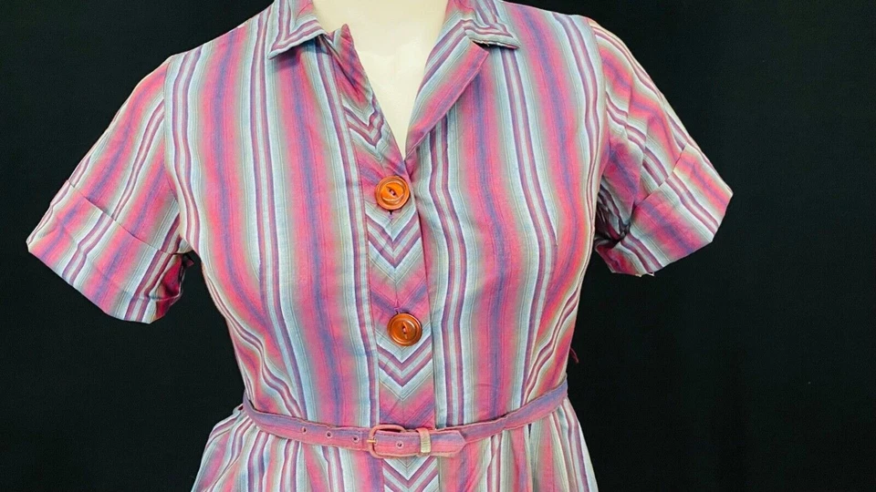 Vestido Vintage Años 60 Rosa Rayas, Manga Corta Algodón Rojo Años 50 Talla Grande L XL Foto 2 de 4