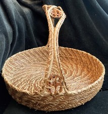 Vintage Coiled Pine Needle Handled Basket With Sliced Walnut Design