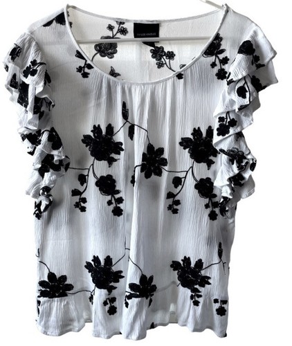 Liv Los Angeles Blouse Womens Medium White Black Floral Boho Embroidered Ruffle