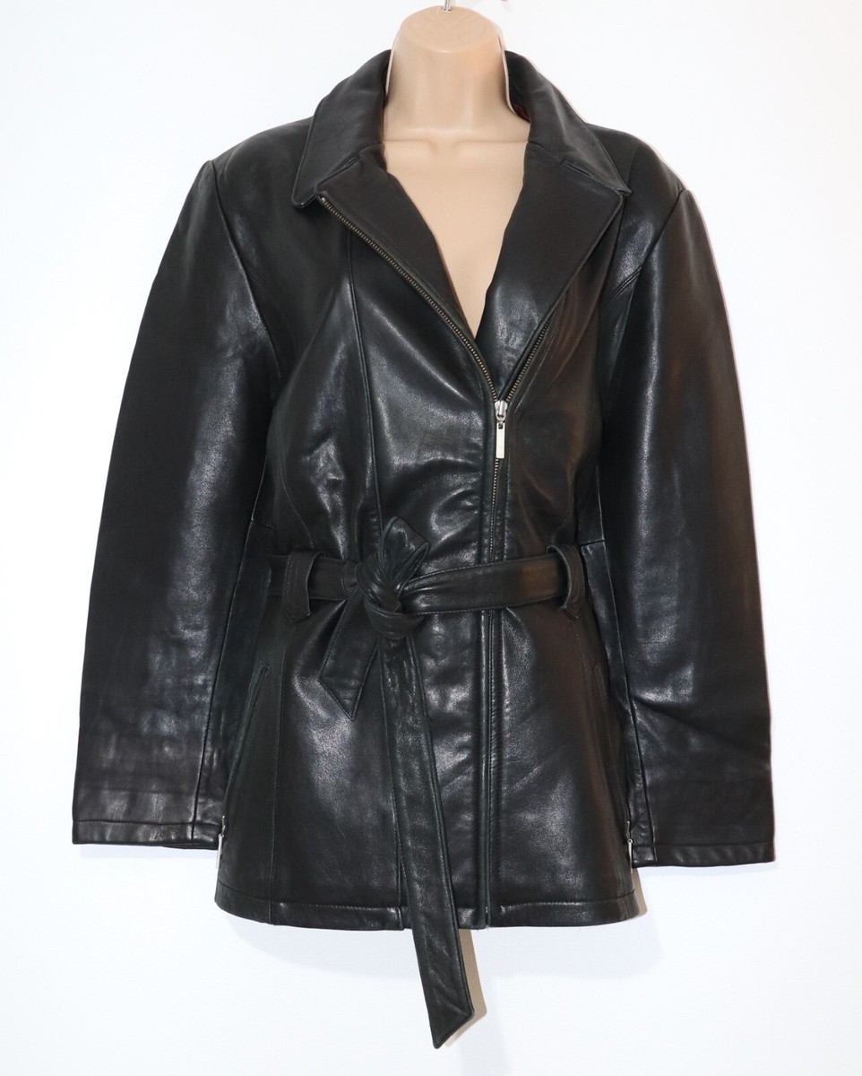 Women's JAKE'S Hip-Length Black 100% Leather Belted Biker Jacket