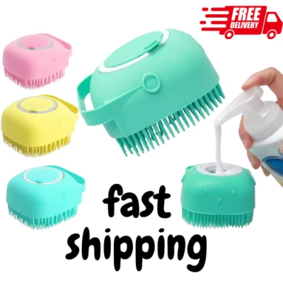 Silicone Pet Brush Massage Bath Brush for Dogs Cat Scrubber Shampoo Dispenser UK