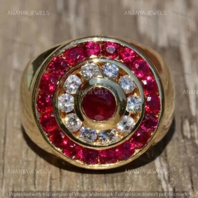 2.20 CT Round Cut Lab-Created Red Ruby Wedding Men's Ring 14K Yellow Gold Plated