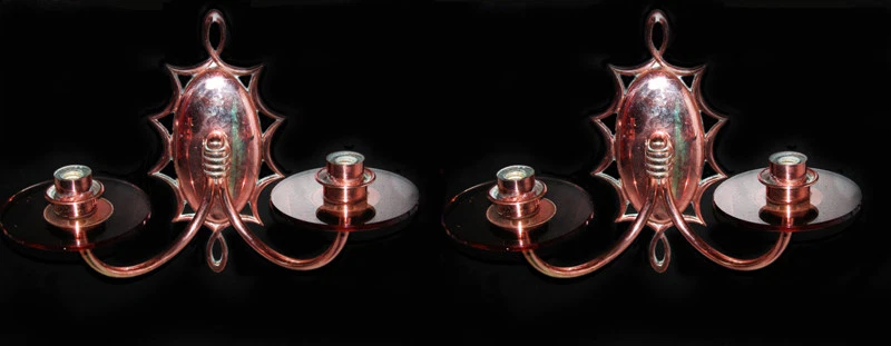 RARE FRENCH ART DECO JULES LELEU 2 LIGHT SCONCES, BRASS, GLASS 1940's - Photo 2/4