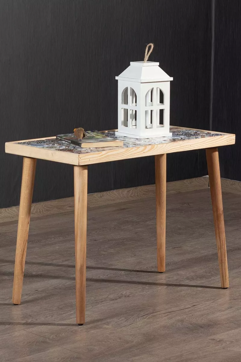 Wooden Coffee Table with Ceramic Tile Top Wooden End Table Country Side Table