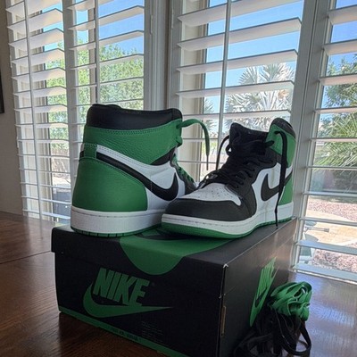 Nike Air Jordan 1 Retro High Top Green/Black/White Leather Lace-Up Sneakers New