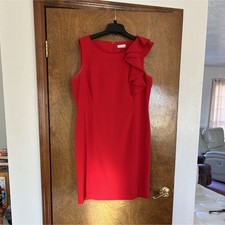 Calvin Klein Red Sleeveless Sheath Dress Ruffle Accent Round Neck Zip Size 16