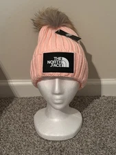 North Face Pink Chunky Pom Knit Rib Beanie Cap Cuffed Women Girls Thick Warm