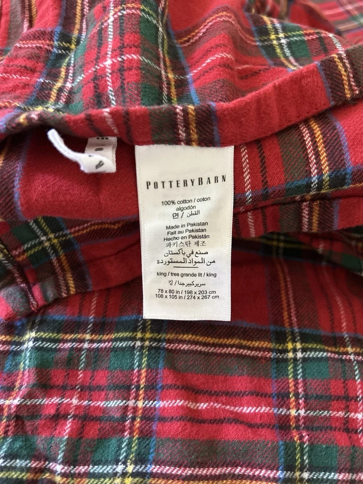 Sábana Ajustable y Plana Pottery Barn Stewart Franela a Cuadros KING SOLO Roja Multi USADA Foto 4 de 4