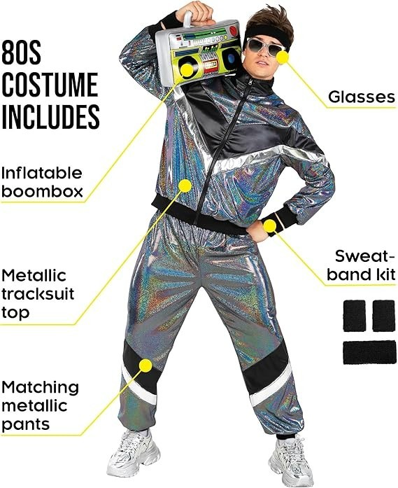 Men`s Shiny 80`s Tracksuit Costume Adult Silver Retro Silver