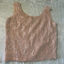 Women  s Vintage 60  s Beaded Blush Pink Sleeveless Sequin Top Hong Kong Sz L