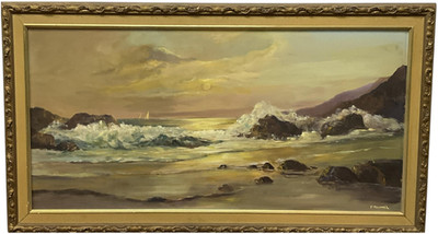 Vintage Original Phyllis Mammel Oil on Board ''Moonlit Shore'' With Gallery Card