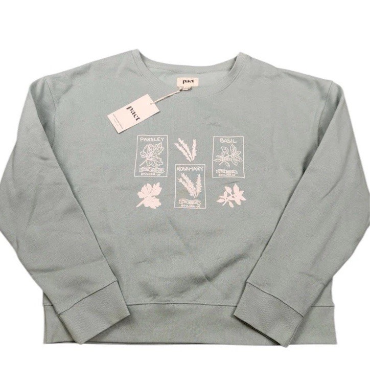Pact Womens Organic Cotton Green Herb Graphic Crewneck Sweatshirt Large NWT