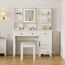 Makeup Vanity Desk and Stool Set, Makeup Vanity with Mirror and Lights Farmhouse