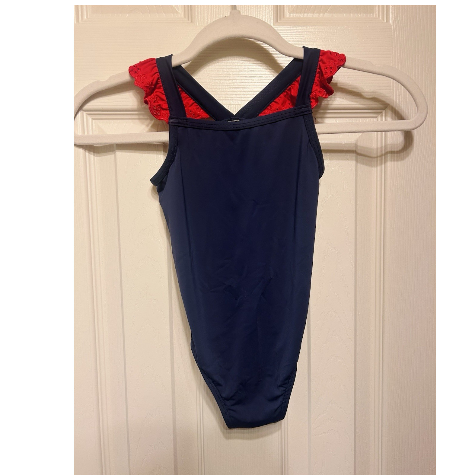 The Beaufort Bonnet Company Girls Navy Blue One Piece Swimsuit Red Ruffle Trim