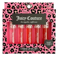 Juicy Couture 5 Piece Lip Gloss Oil Set Hyaluronic Acid Pink Leopard Gift Box