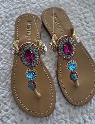 Mystique AB Rhinestone Crystal Silver Leather Party Women's Thong Sandals 7