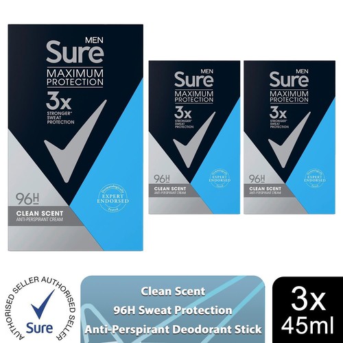 Sure Men Maximum Protection Clean Scent Anti-Transpirant Creme, 3er Pack, 45ml - Bild 1 von 11
