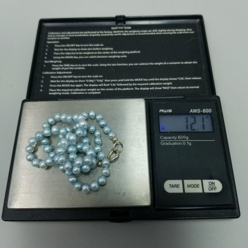 Vintage Light Blue Cultured Pearl Beaded Necklace 15 Inch Sterling Clasp Dyed - Picture 4 of 8