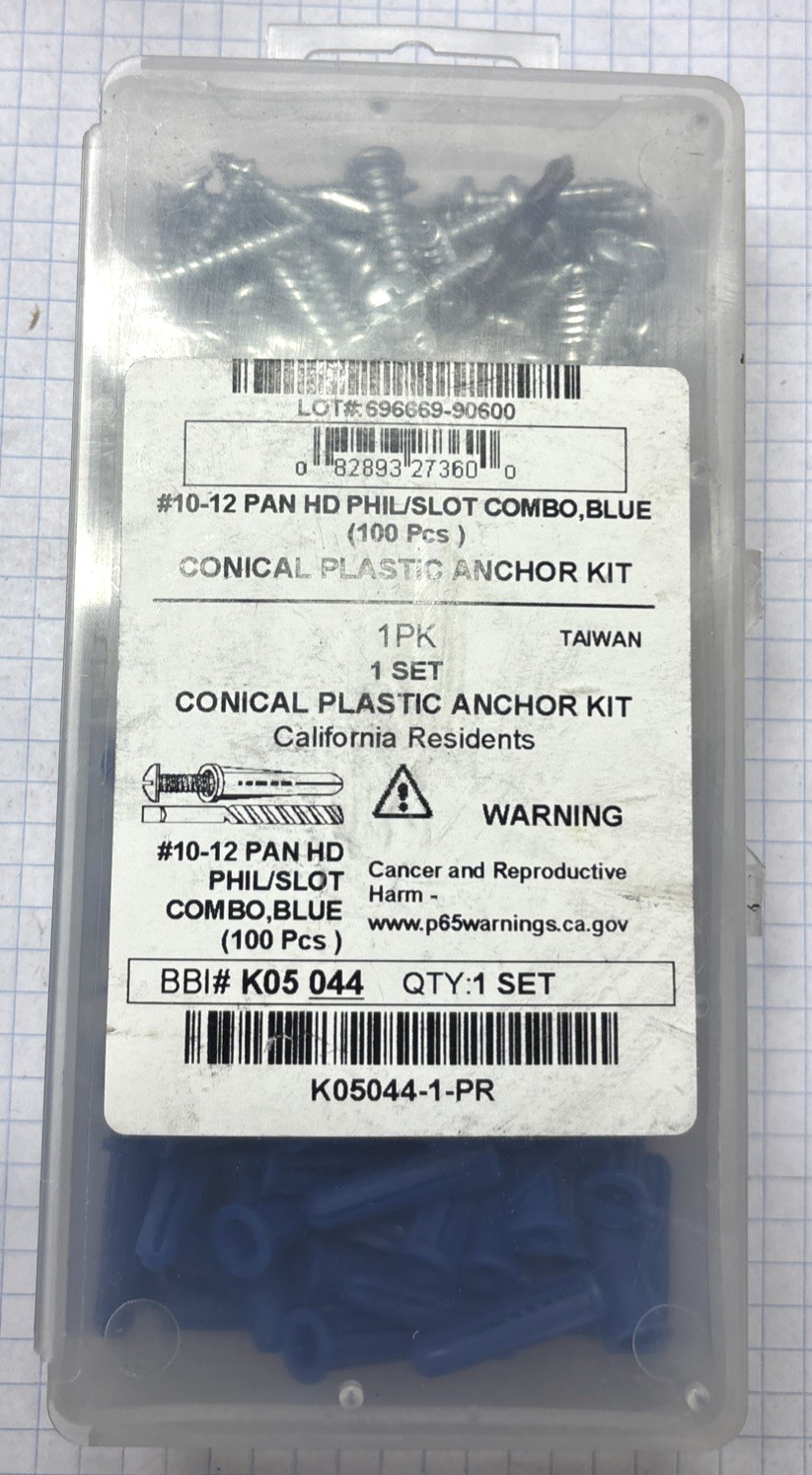 101pc Brighton Plastic Pan Head Conical Anchor Kit, #10-12 Dia., 1", BBI-K05044