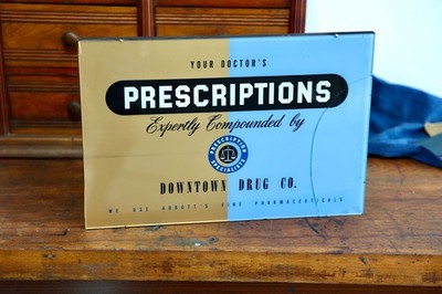 Antique Glass Pharmacy Sign Downtown Drug Co. Prescriptions Medical Doctor VTG
