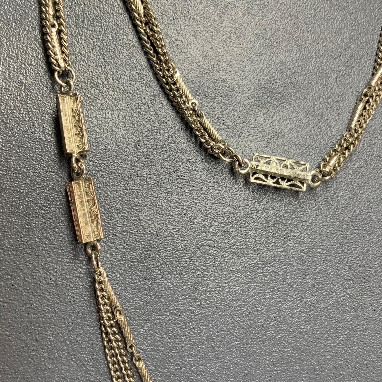 Multi Strand Long Necklace Silver Rectangle Flowe… - image 2