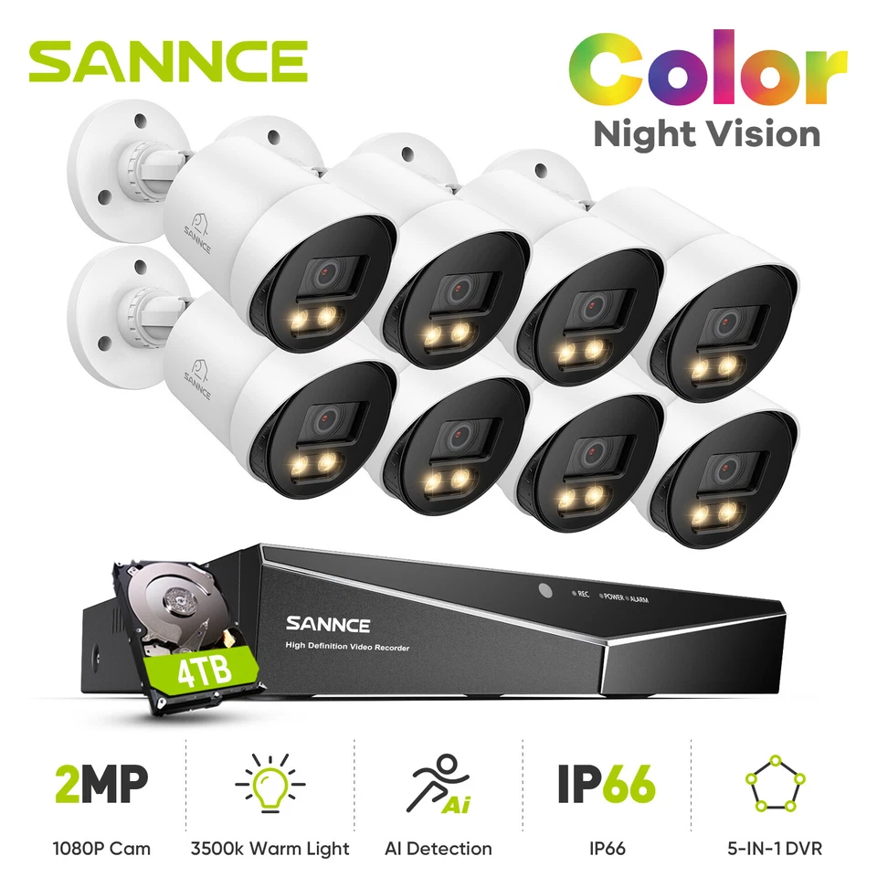 SANNCE HD 8CH DVR 1080P Colorful Night Vision 2MP Security Camera System CCTV