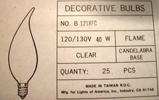 40 WATT CLEAR DECORATIVE BULBS FLAME TIP CANDELABRA BASE-E12 LOA PAC OF 10 BULBS