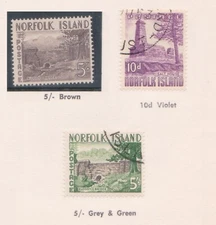 (F286-2) 1953 Norfolk Island mix of 3stamps 10d & 5/- 2x F/U & MH (B)   (SWLT91)
