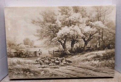Carl Weber Herding Sheep On Canvas Print 18'' Cottage Core Farmhouse Decor Art