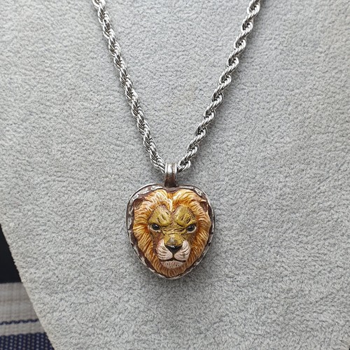 Collar colgante vintage de cerámica con cara de león de latón con cadena de acero inoxidable - Imagen 10 de 14