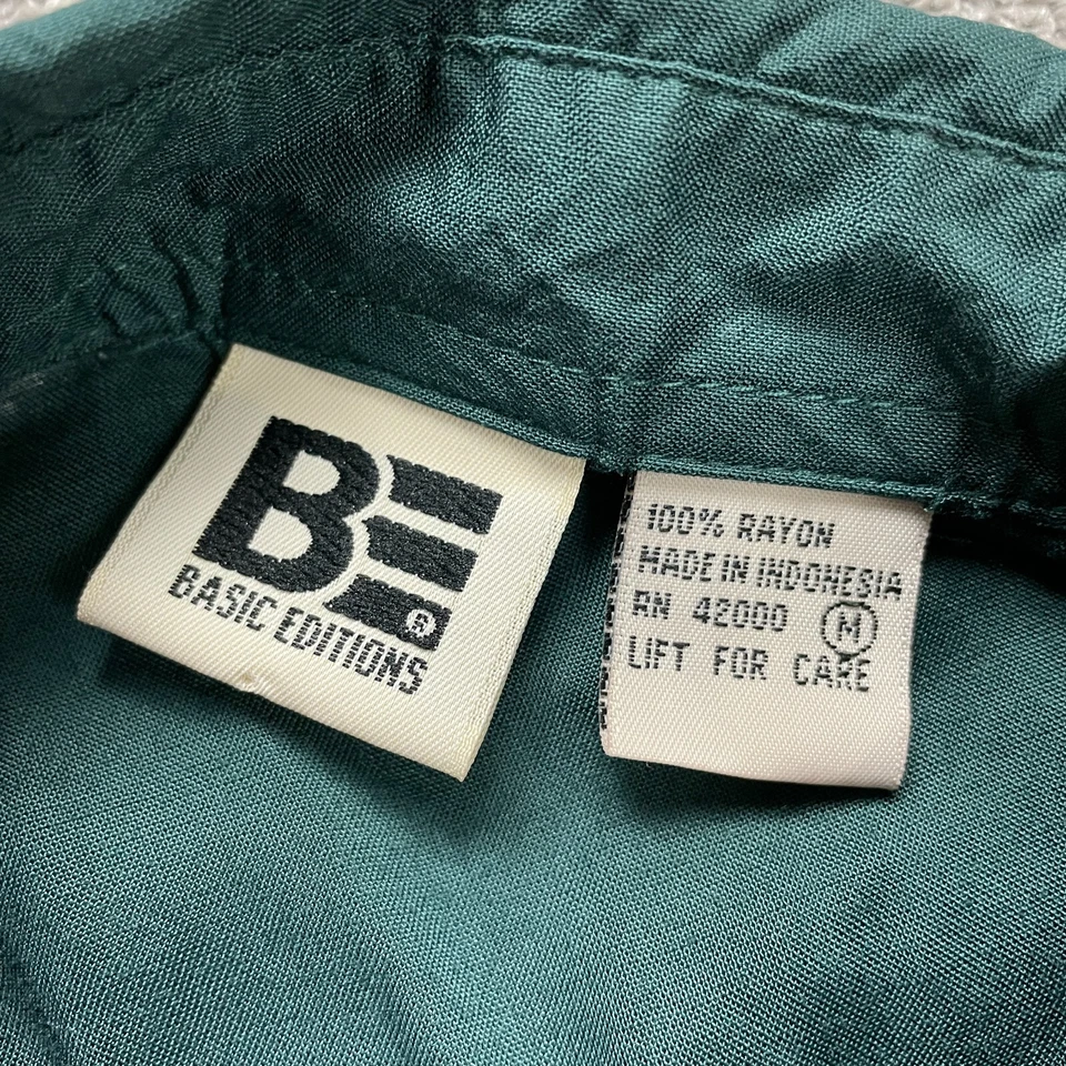 Basic Editions Button Up Shirt Womens Medium Green Rayon Long Sleeve Top Padded - Image 3 of 4