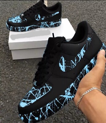 Air Force Custom Black Shoes Retro Electric Blue Splatter Design Abstract  Art