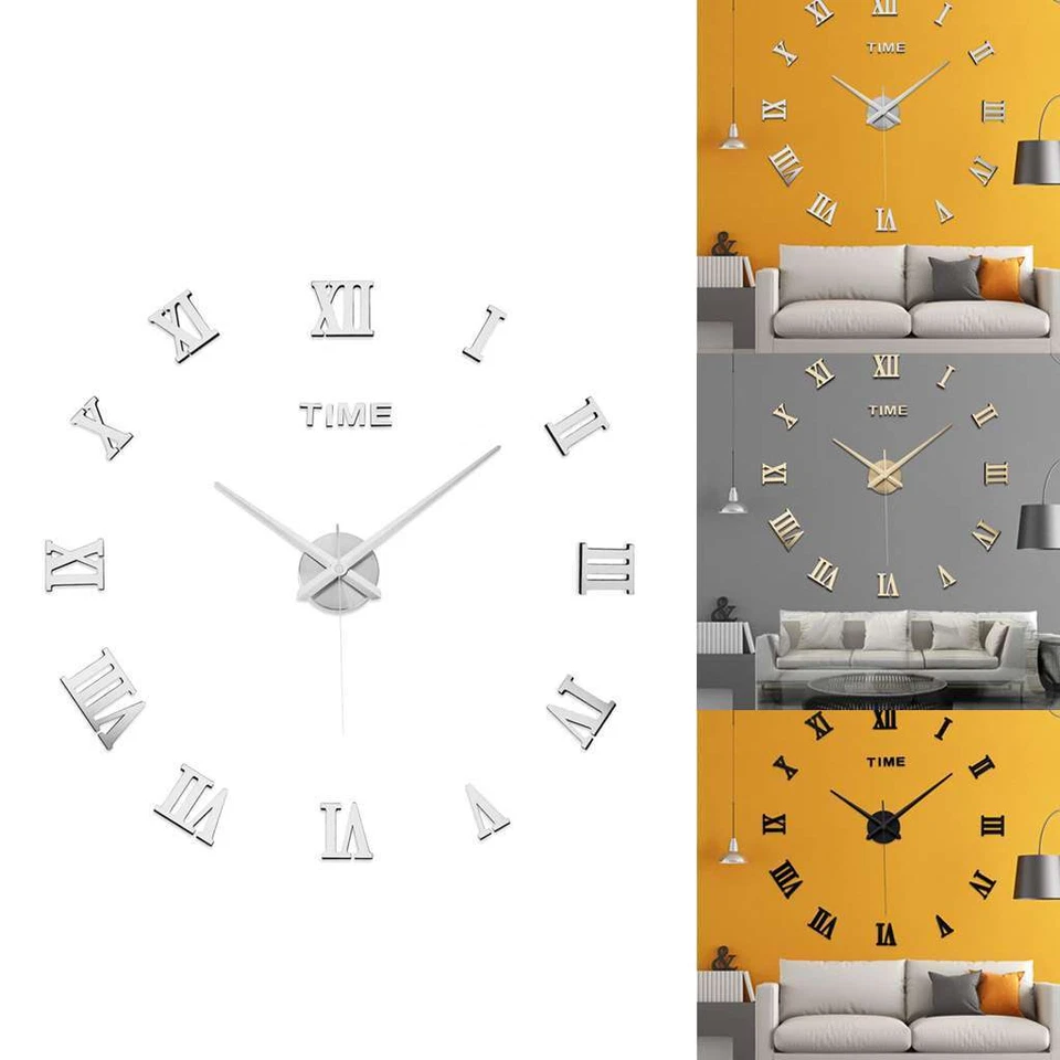 Mirror Surface Large Modern Wall Clock 3D DIY Roman Number Sticker Decor Clock - Image 4 of 4